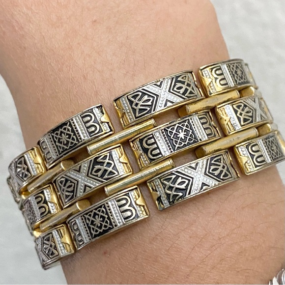 Vintage Gold-tone Damascene Art Deco 3-Row Hinged Bracelet 49g. - Picture 3 of 16